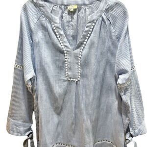 Kori Linen Blend Blue & White Striped Tunic Top 3/4 Sleeves with Tie Sz S